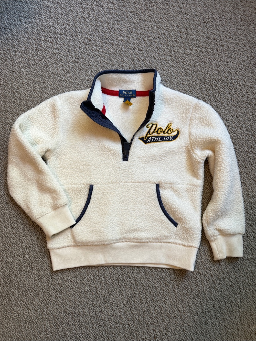 Polo by Ralph Lauren Cream Sherpa Quarter-Zip Pullover with Navy Trim